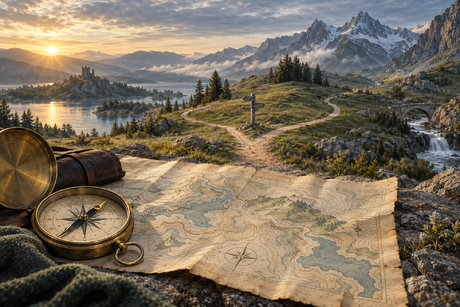 A map and compass overlook branching paths through a mountain landscape.
