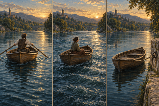 Three boats illustrate rowing, drifting and mooring.