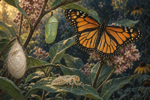 A green chrysalis, a silk cocoon, a butterfly and a shed insect casing appear among leaves.