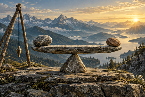 A stone beam rests on a fulcrum beside a hanging plumb line in a mountain landscape.