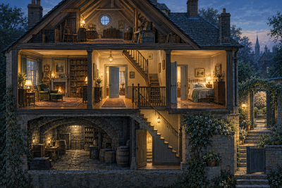 An imagined house cutaway reveals an attic, rooms, stairs, a cellar and a garden entrance.