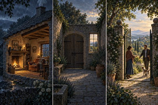 A sheltered room, a closed courtyard gate and a welcoming garden entrance.