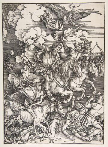 Four mounted figures with bow, sword, scales and a trident ride over fallen people.
